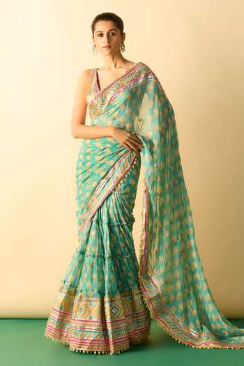 Buy_Gopi Vaid_Aqua Georgette V-neck Jasleen Print Tiered Saree With Blouse _at_Aza_Fashions