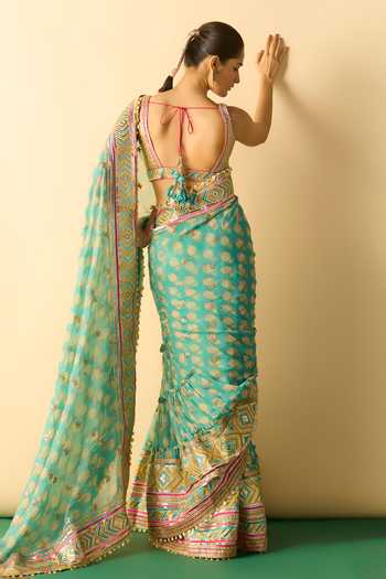 Shop_Gopi Vaid_Aqua Georgette V-neck Jasleen Print Tiered Saree With Blouse _at_Aza_Fashions