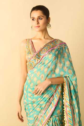 Buy_Gopi Vaid_Aqua Georgette V-neck Jasleen Print Tiered Saree With Blouse _Online_at_Aza_Fashions