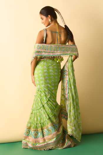 Shop_Gopi Vaid_Green Georgette Plunge Neck Jasleen Tiered Saree With Embroidered Blouse _at_Aza_Fashions
