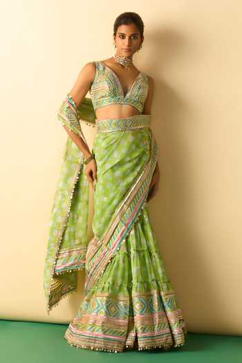 Buy_Gopi Vaid_Green Georgette Plunge Neck Jasleen Tiered Saree With Embroidered Blouse _Online_at_Aza_Fashions