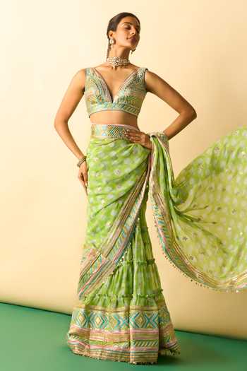 Shop_Gopi Vaid_Green Georgette Plunge Neck Jasleen Tiered Saree With Embroidered Blouse _Online_at_Aza_Fashions