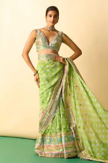 Buy_Gopi Vaid_Green Georgette Plunge Neck Jasleen Tiered Saree With Embroidered Blouse _at_Aza_Fashions