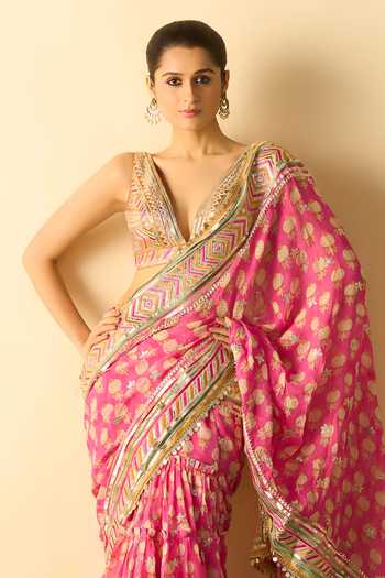 Gopi Vaid_Pink Georgette V-neck Jasleen Print Saree With Embroidered Blouse _Online_at_Aza_Fashions