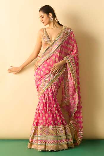 Buy_Gopi Vaid_Pink Georgette V-neck Jasleen Print Saree With Embroidered Blouse _Online_at_Aza_Fashions