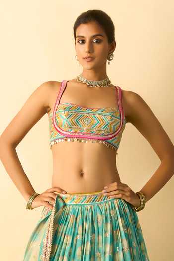 Gopi Vaid_Aqua Viscose, Net Square Neck Mannat Print Gathered Lehenga Set _Online_at_Aza_Fashions