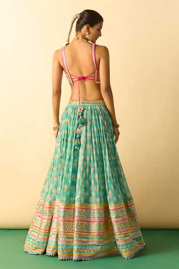 Shop_Gopi Vaid_Aqua Viscose, Net Square Neck Mannat Print Gathered Lehenga Set _at_Aza_Fashions