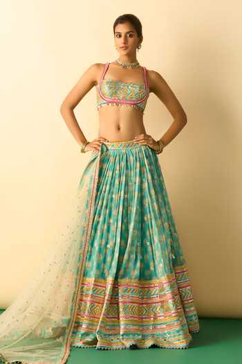 Buy_Gopi Vaid_Aqua Viscose, Net Square Neck Mannat Print Gathered Lehenga Set _at_Aza_Fashions
