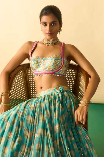 Buy_Gopi Vaid_Aqua Viscose, Net Square Neck Mannat Print Gathered Lehenga Set _Online_at_Aza_Fashions