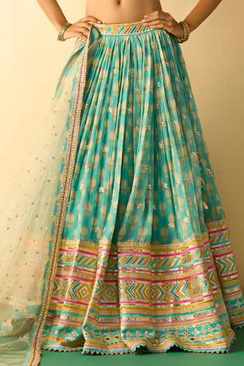 Shop_Gopi Vaid_Aqua Viscose, Net Square Neck Mannat Print Gathered Lehenga Set _Online_at_Aza_Fashions