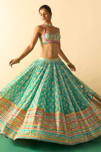 Gopi Vaid_Aqua Viscose, Net Square Neck Mannat Print Gathered Lehenga Set _at_Aza_Fashions