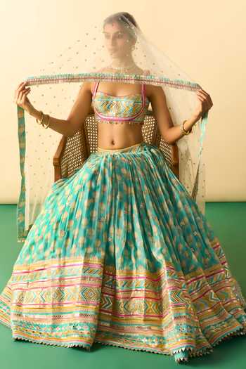 Buy_Gopi Vaid_Aqua Viscose, Net Square Neck Mannat Print Gathered Lehenga Set 
