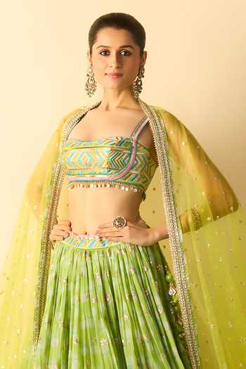Gopi Vaid_Lime Viscose, Net Square Neck Mannat Floral Print Gathered Lehenga Set _Online_at_Aza_Fashions