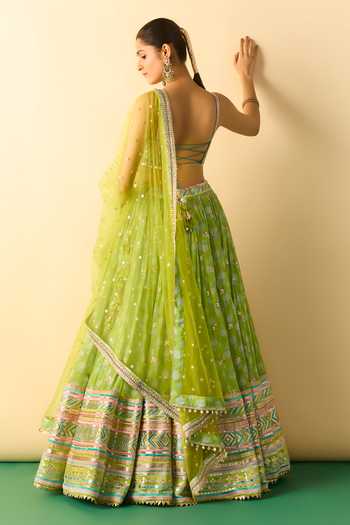 Shop_Gopi Vaid_Lime Viscose, Net Square Neck Mannat Floral Print Gathered Lehenga Set _at_Aza_Fashions