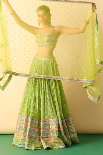 Buy_Gopi Vaid_Lime Viscose, Net Square Neck Mannat Floral Print Gathered Lehenga Set _Online_at_Aza_Fashions