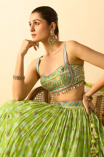 Shop_Gopi Vaid_Lime Viscose, Net Square Neck Mannat Floral Print Gathered Lehenga Set _Online_at_Aza_Fashions