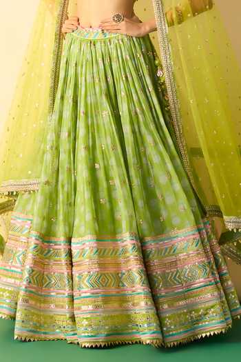 Gopi Vaid_Lime Viscose, Net Square Neck Mannat Floral Print Gathered Lehenga Set _at_Aza_Fashions