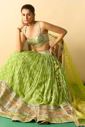Buy_Gopi Vaid_Lime Viscose, Net Square Neck Mannat Floral Print Gathered Lehenga Set 