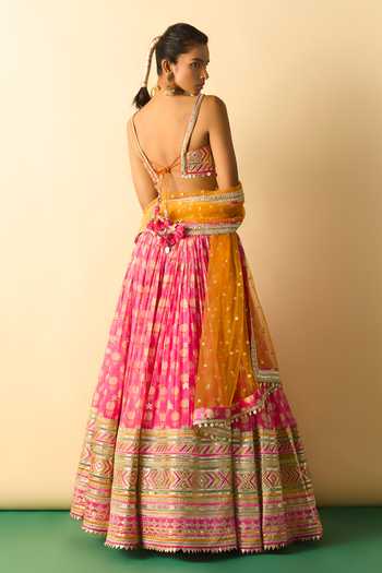 Shop_Gopi Vaid_Pink Viscose, Net Square Neck Mannat Floral Print Lehenga Set _at_Aza_Fashions