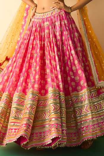 Gopi Vaid_Pink Viscose, Net Square Neck Mannat Floral Print Lehenga Set _Online_at_Aza_Fashions