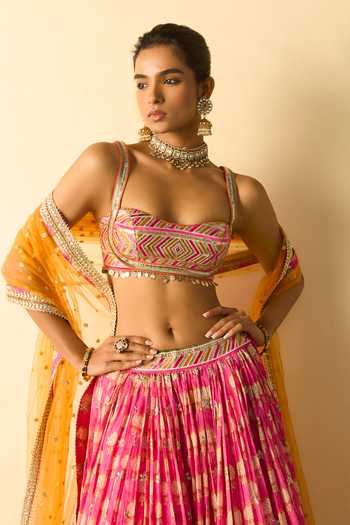 Buy_Gopi Vaid_Pink Viscose, Net Square Neck Mannat Floral Print Lehenga Set _Online_at_Aza_Fashions
