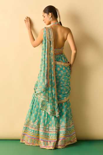 Shop_Gopi Vaid_Aqua Georgette Plunge Neck Labdhi Pre-draped Sharara Saree With Blouse _at_Aza_Fashions