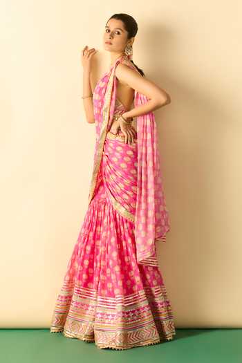 Buy_Gopi Vaid_Pink Georgette Halter Neck Labdhi Print Draped Sharara Saree With Blouse _Online_at_Aza_Fashions