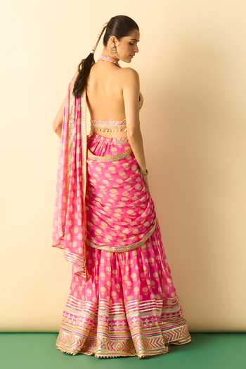 Shop_Gopi Vaid_Pink Georgette Halter Neck Labdhi Print Draped Sharara Saree With Blouse _at_Aza_Fashions
