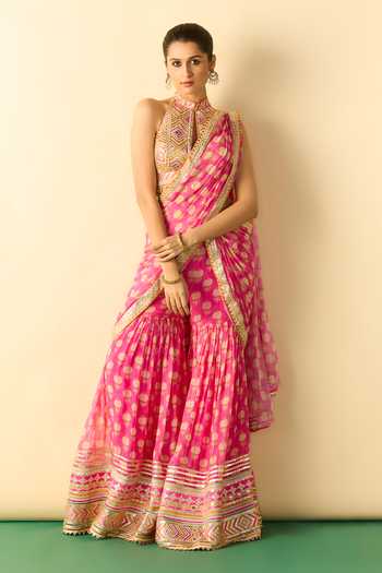 Buy_Gopi Vaid_Pink Georgette Halter Neck Labdhi Print Draped Sharara Saree With Blouse _at_Aza_Fashions