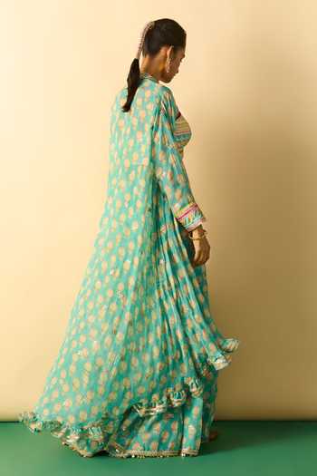 Shop_Gopi Vaid_Aqua Polyester, Georgette Zari Dharika Brocade Cape And Printed Sharara Set _at_Aza_Fashions