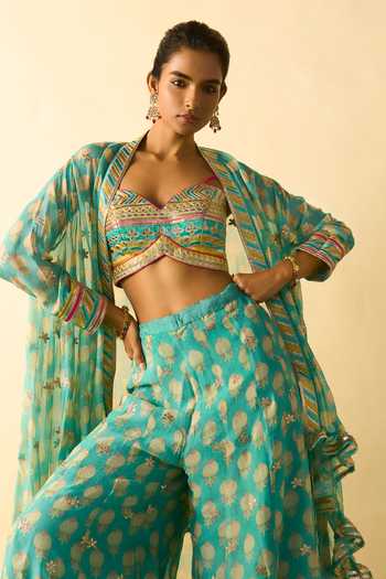 Gopi Vaid_Aqua Polyester, Georgette Zari Dharika Brocade Cape And Printed Sharara Set _Online_at_Aza_Fashions