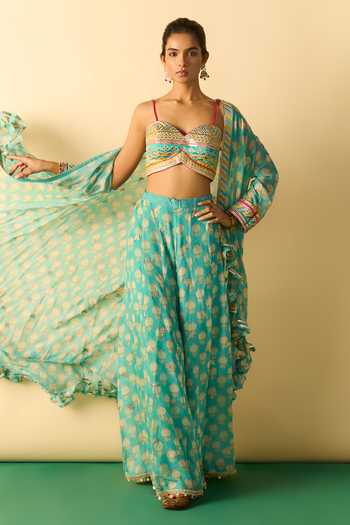 Buy_Gopi Vaid_Aqua Polyester, Georgette Zari Dharika Brocade Cape And Printed Sharara Set _at_Aza_Fashions