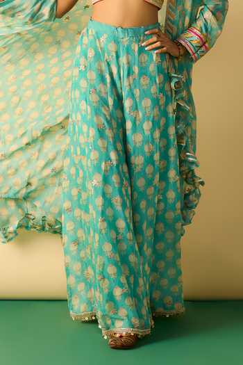 Buy_Gopi Vaid_Aqua Polyester, Georgette Zari Dharika Brocade Cape And Printed Sharara Set _Online_at_Aza_Fashions
