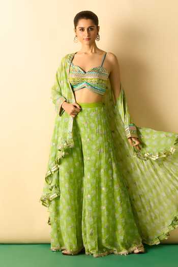 Buy_Gopi Vaid_Lime Georgette, Polyester Sweetheart Dharika Flared Brocade Cape And Sharara Set _at_Aza_Fashions