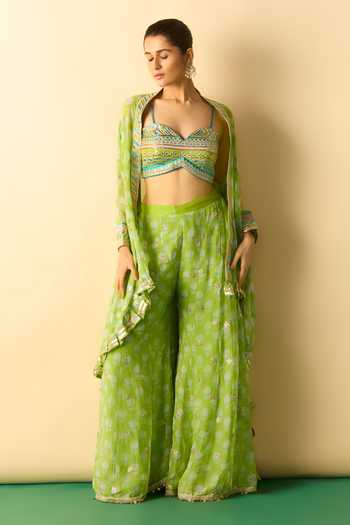Gopi Vaid_Lime Georgette, Polyester Sweetheart Dharika Flared Brocade Cape And Sharara Set _Online_at_Aza_Fashions