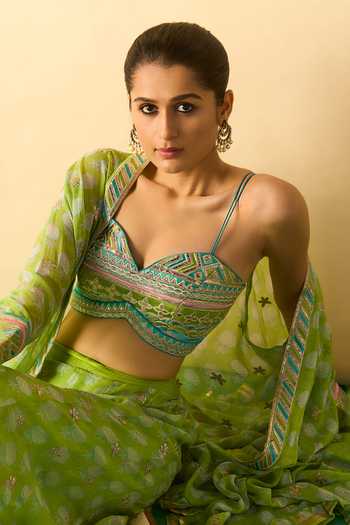 Buy_Gopi Vaid_Lime Georgette, Polyester Sweetheart Dharika Flared Brocade Cape And Sharara Set _Online_at_Aza_Fashions