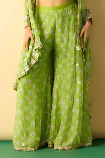 Shop_Gopi Vaid_Lime Georgette, Polyester Sweetheart Dharika Flared Brocade Cape And Sharara Set _Online_at_Aza_Fashions