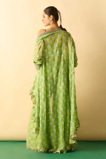 Shop_Gopi Vaid_Lime Georgette, Polyester Sweetheart Dharika Flared Brocade Cape And Sharara Set _at_Aza_Fashions