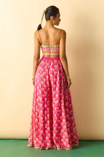 Gopi Vaid_Pink Polyester, Georgette Zari Dharika Brocade Cape And Flared Printed Sharara Set _Online_at_Aza_Fashions