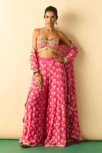 Buy_Gopi Vaid_Pink Polyester, Georgette Zari Dharika Brocade Cape And Flared Printed Sharara Set _Online_at_Aza_Fashions