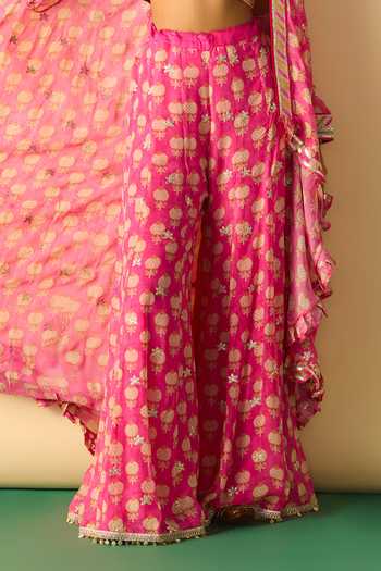 Shop_Gopi Vaid_Pink Polyester, Georgette Zari Dharika Brocade Cape And Flared Printed Sharara Set _Online_at_Aza_Fashions