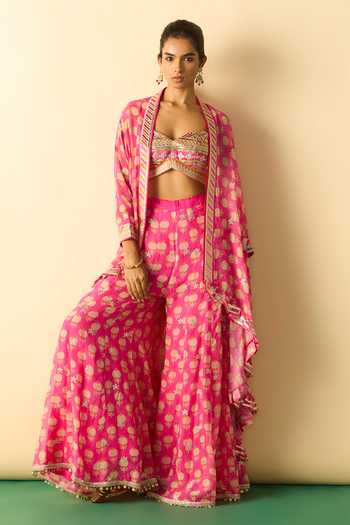 Buy_Gopi Vaid_Pink Polyester, Georgette Zari Dharika Brocade Cape And Flared Printed Sharara Set _at_Aza_Fashions