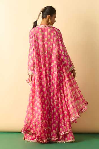 Shop_Gopi Vaid_Pink Polyester, Georgette Zari Dharika Brocade Cape And Flared Printed Sharara Set _at_Aza_Fashions