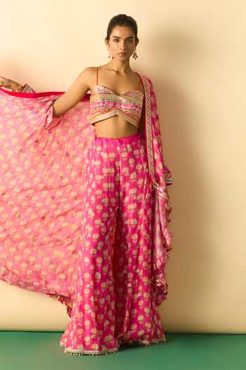 Gopi Vaid_Pink Polyester, Georgette Zari Dharika Brocade Cape And Flared Printed Sharara Set _at_Aza_Fashions