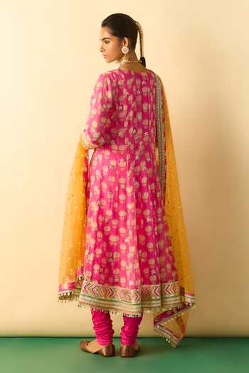 Shop_Gopi Vaid_Pink Georgette, Lycra, Net V-neck Anika Block Print Anarkali Set _at_Aza_Fashions
