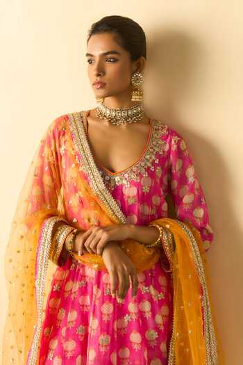 Shop_Gopi Vaid_Pink Georgette, Lycra, Net V-neck Anika Block Print Anarkali Set _Online_at_Aza_Fashions