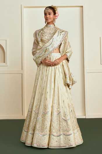 Shop_Gopi Vaid_Ivory Viscose, Tissue High Neck Aabira Mirror Panelled Lehenga Set _at_Aza_Fashions