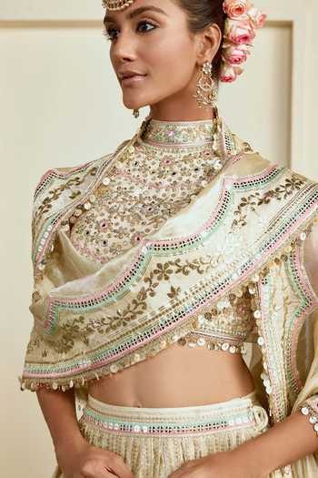 Gopi Vaid_Ivory Viscose, Tissue High Neck Aabira Mirror Panelled Lehenga Set _Online_at_Aza_Fashions