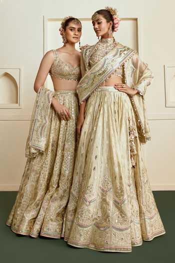 Shop_Gopi Vaid_Ivory Viscose, Tissue High Neck Aabira Mirror Panelled Lehenga Set _Online_at_Aza_Fashions