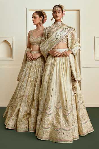 Gopi Vaid_Ivory Viscose, Tissue High Neck Aabira Mirror Panelled Lehenga Set _at_Aza_Fashions